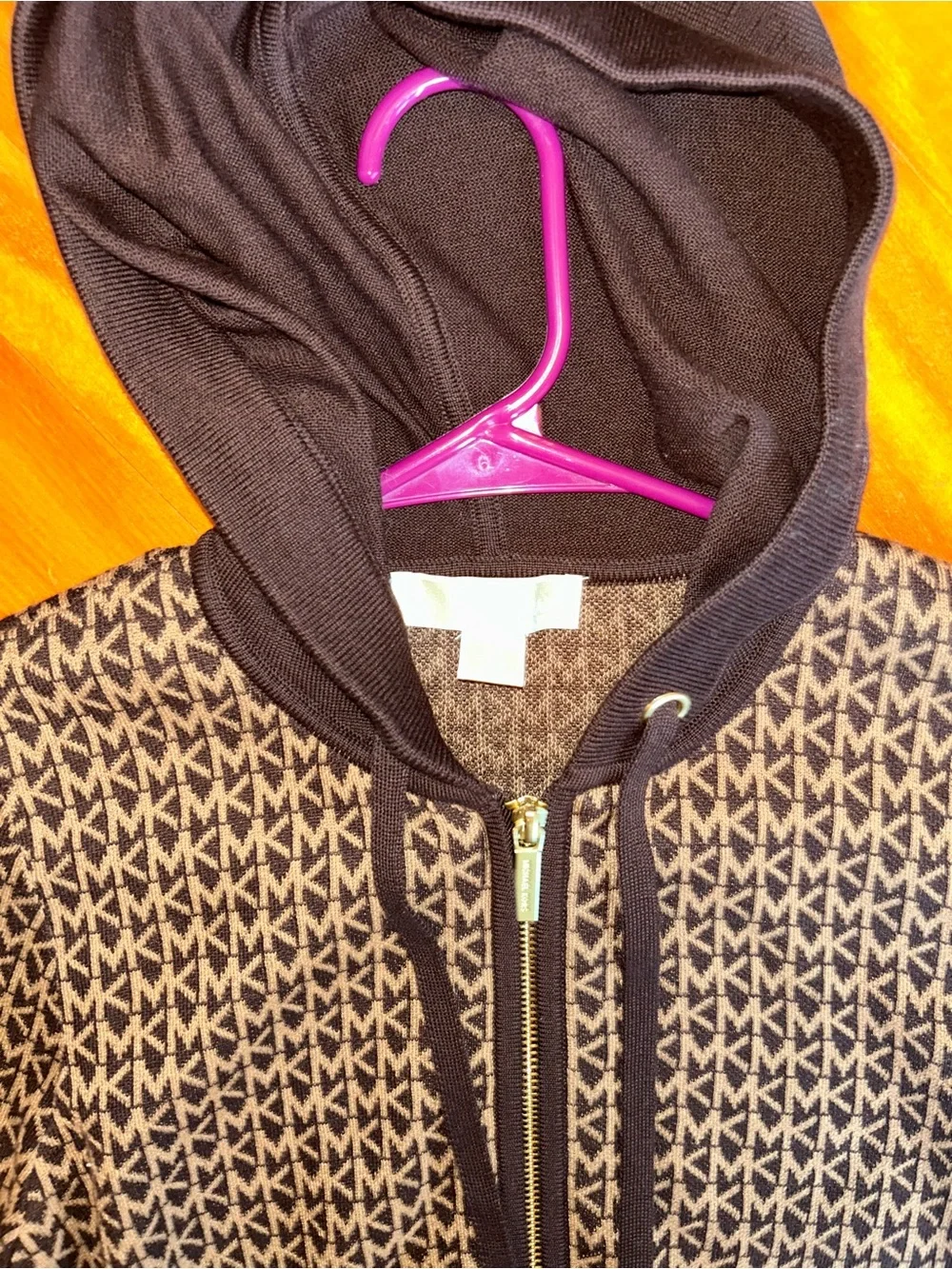 Michael Kors Brown and Beige MK Logo Zip Hoodie